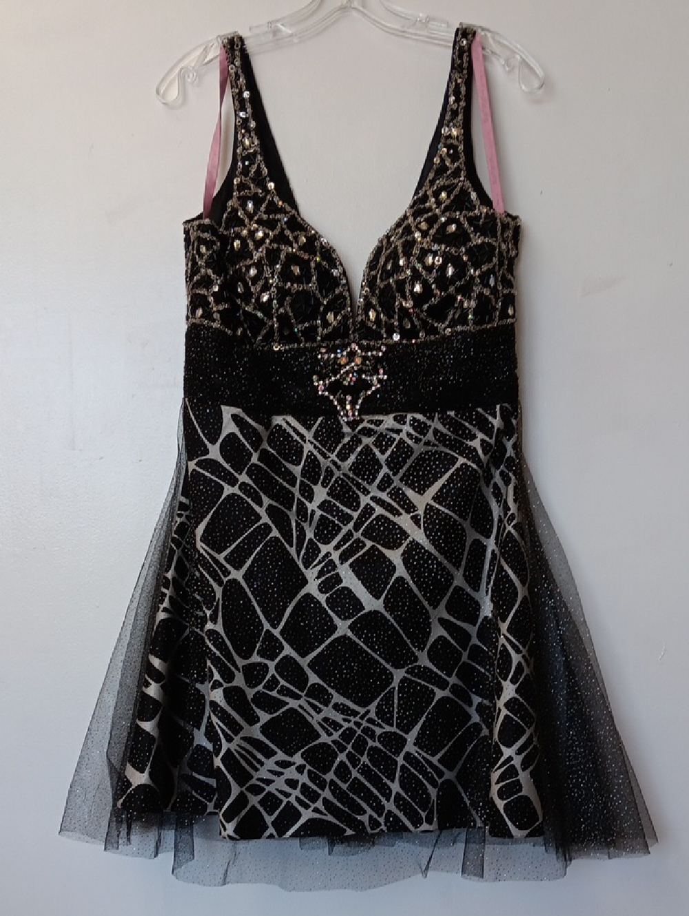 Vintage Black and Silver Embellished Mini Dress with Tulle